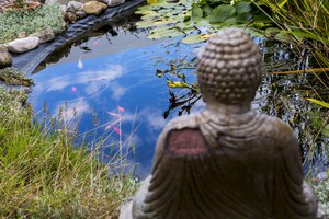 Buddha statue next to pond