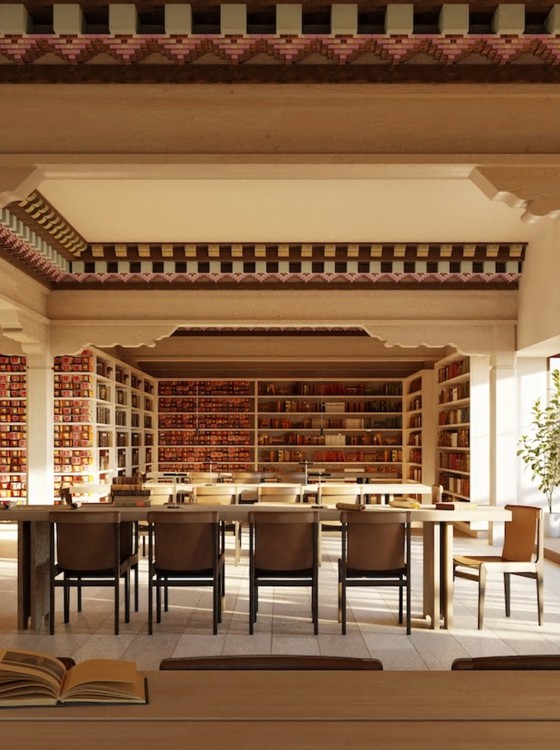 Buddhism religious library with shelves full of books.