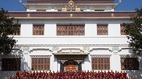 Buddhist Monastery Nepal with large group of monks.