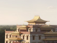 Buddhist Temple tree tops Computer generated image of the golden roof of a Buddhist temple with tree tops and wide open skies in England, UK.