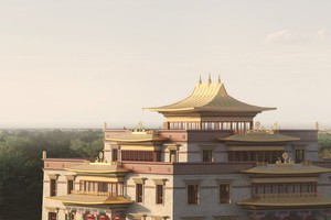 Computer generated image of the golden roof of a Buddhist temple with tree tops and wide open skies in England, UK.
