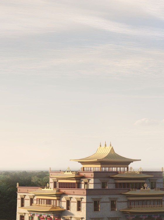 Buddhist temple tree and sky Architect impression of the new Buddha temple with golden hue.