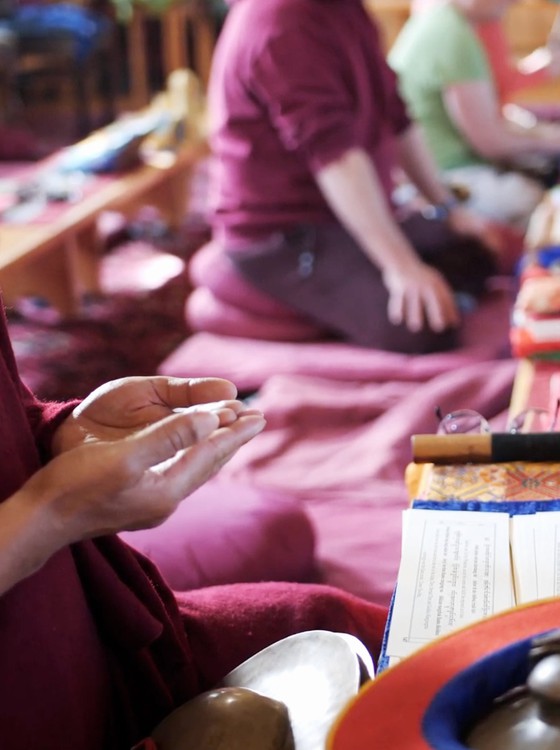 Buddhist Dharma teachings Tibetan Buddhist monk showing hand mudra during dharma teachings.
