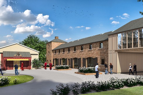 Architect impression of outside view of Buddhist gompa meditation hall and offices at Gomde UK, Yorkshire.