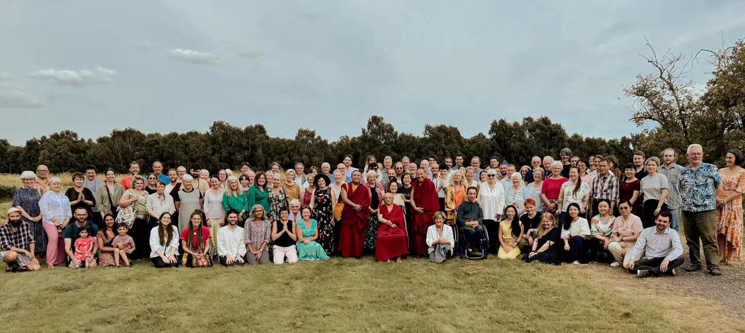 Group photo of Buddhist students during visit of Chokyi Nyima Rinpoche, founder of Gomde UK.