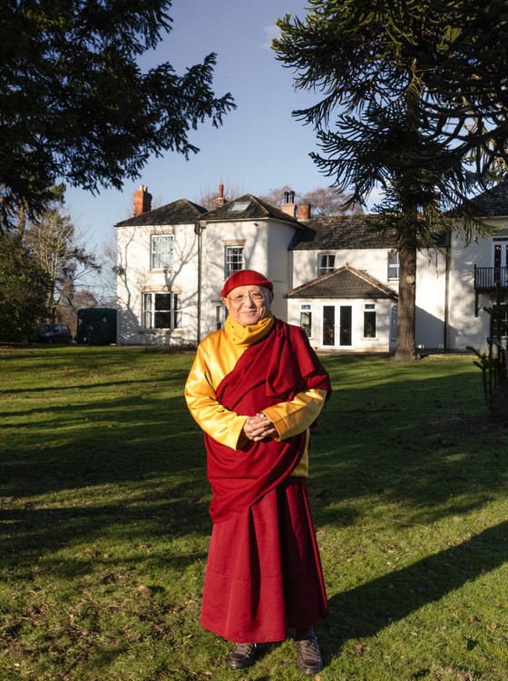 Chokyi Nyima Rinpoche outside the main hall at Lindholme Hall Estate.