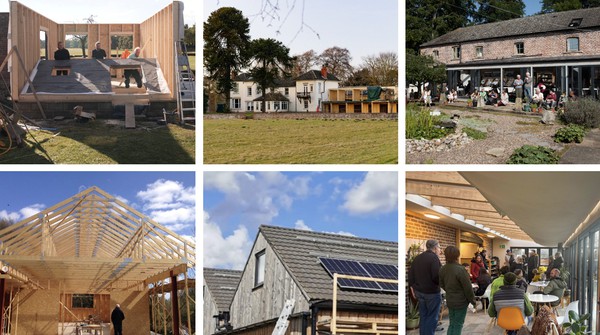 Community build Collage of six photographs of volunteers doing building and construction work at Buddhist centre.
