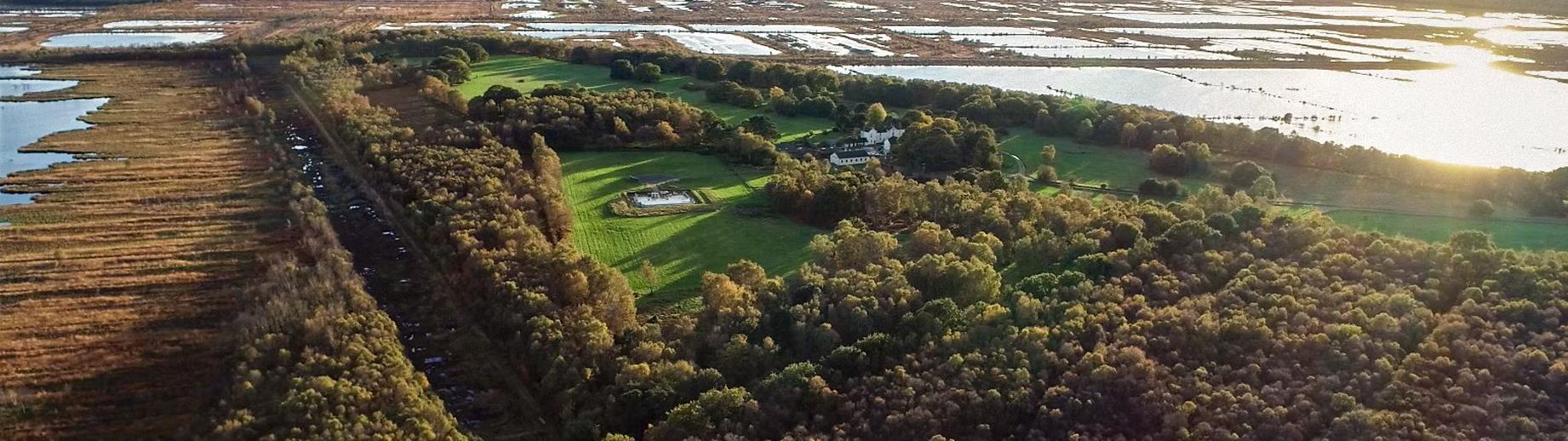 Lindholme Island Doncaster Aerial overview of the surroundings of Lindholme Island, Doncaster in the midst of peatland at the Hatfield Moors.