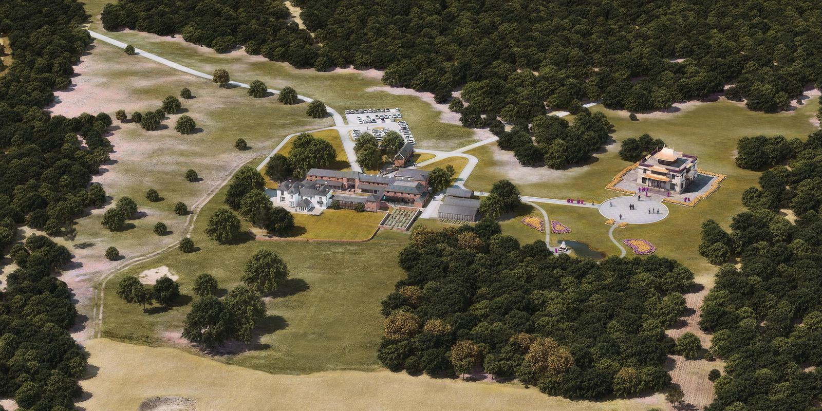 Masterplan Buddhist Meditation Retreat Centre UK Aerial architects impression of the Tibetan Buddhist (Nyingma Kargu tradition) monastery and temple in England, UK.