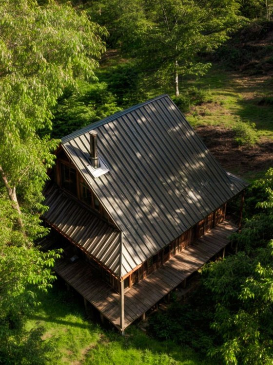 Solitary individual retreat cabin Drone image from a wooden solitary individual retreat cabin in the orchards at a Buddhist Centre.