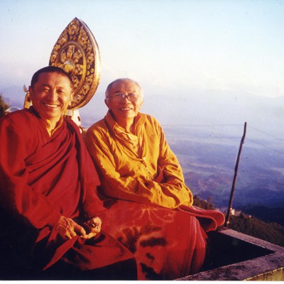 Tulku Urgyen Rinpoche and his son Chokyi Nyima Rinpoche at Nagi Gompa, Nepal, 1995