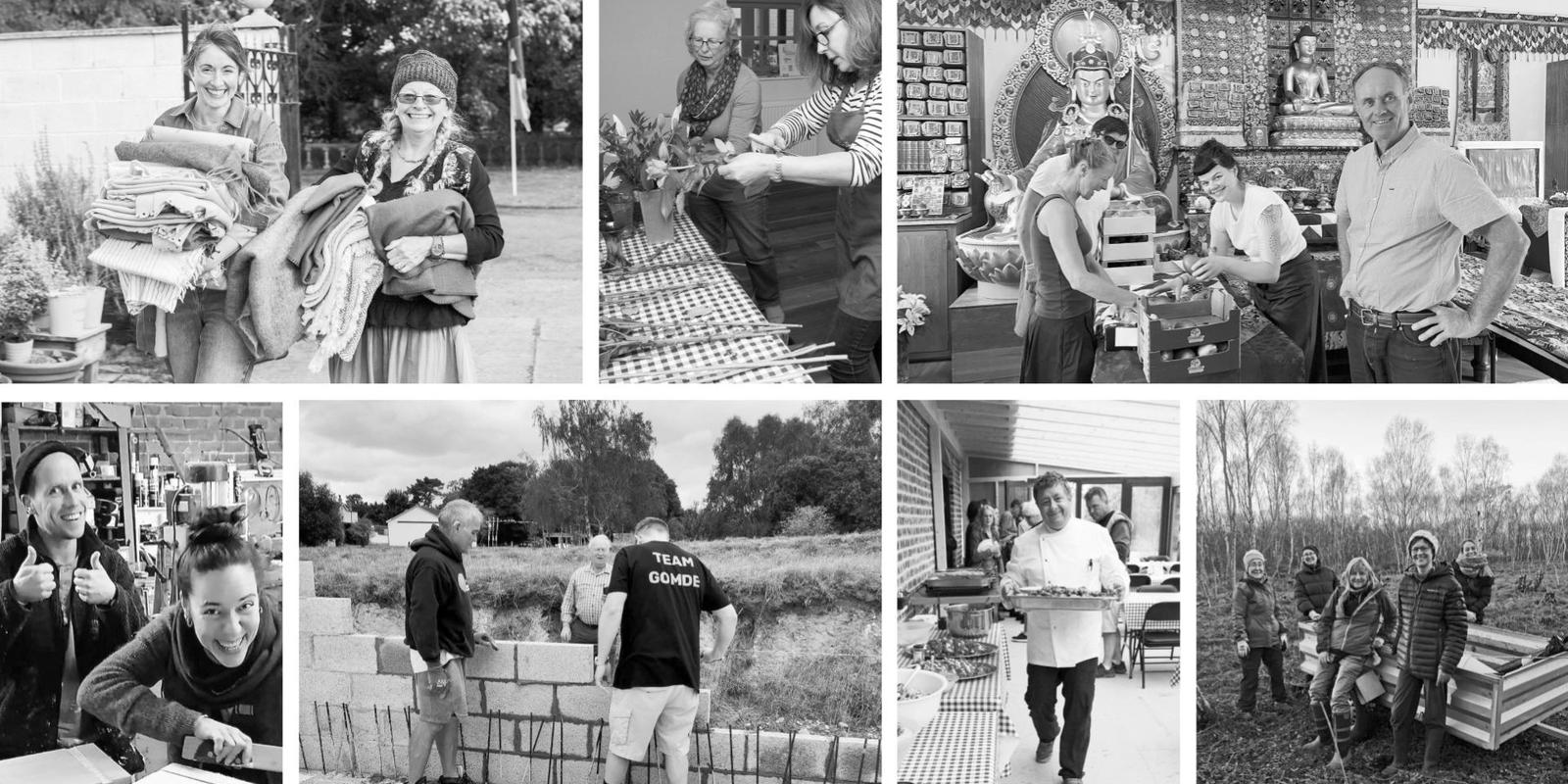 Volunteers Buddhism England UK Collage of black and white photgraphs of volunteers at Buddhist Centre in Yorkshire, England, UK.