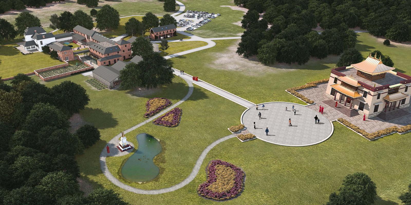 architect impression temple Architect aerial impression Buddhist temple and monastery